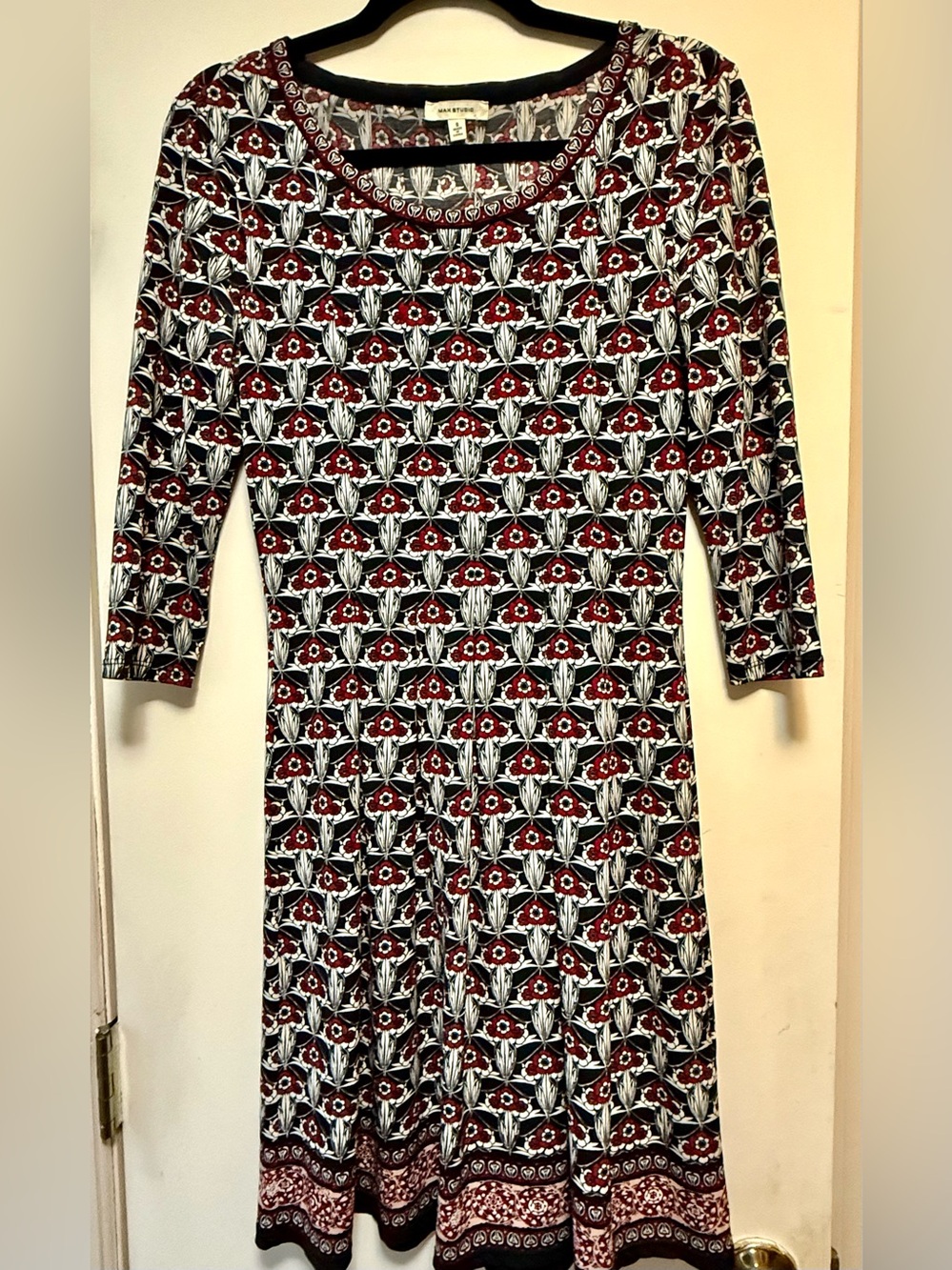 Maison Jules Black and Red Floral Long-Sleeve Fit & Flare Dress